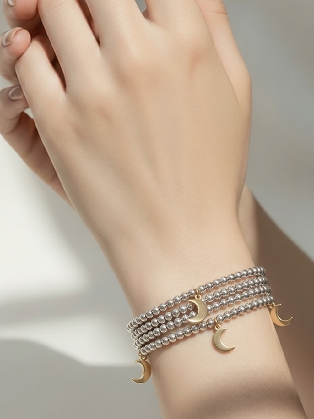 Beaded charm silver moon bracelet set (3)